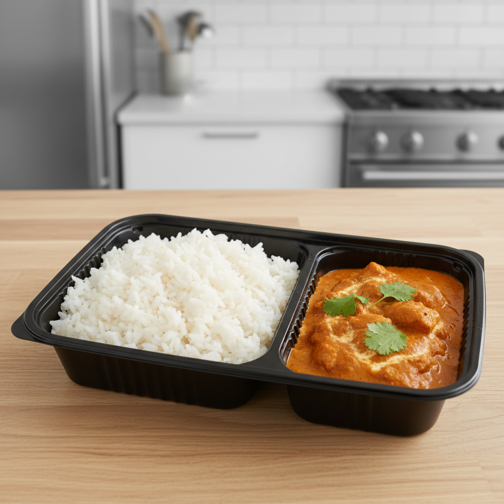Black PLA 2 compartment container with rice and curry lifestyle