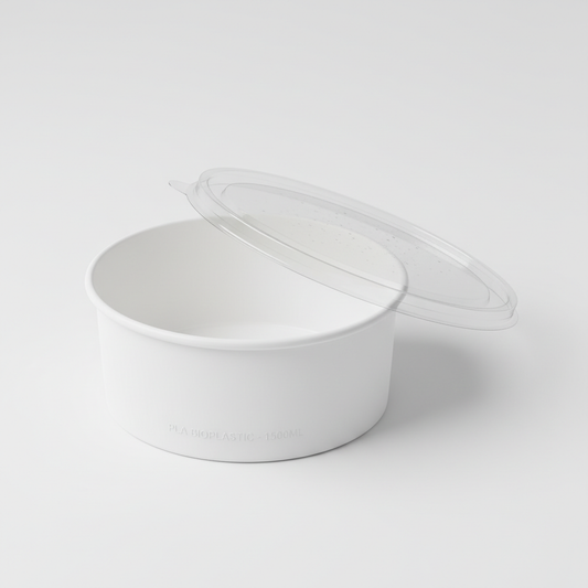 Round white 1500ml PLA container lid open