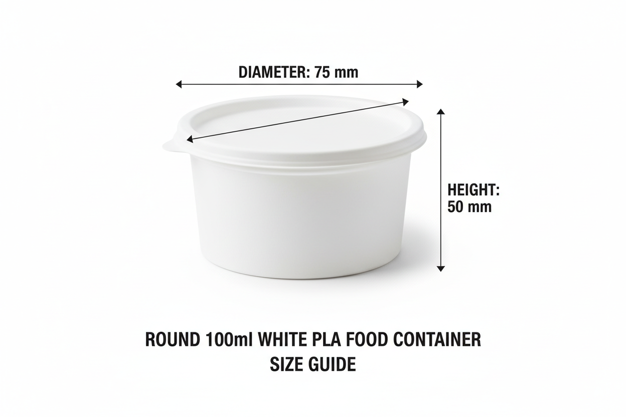 Size guide round white 100ml PLA container