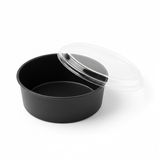 Round black 500ml PLA container lid open