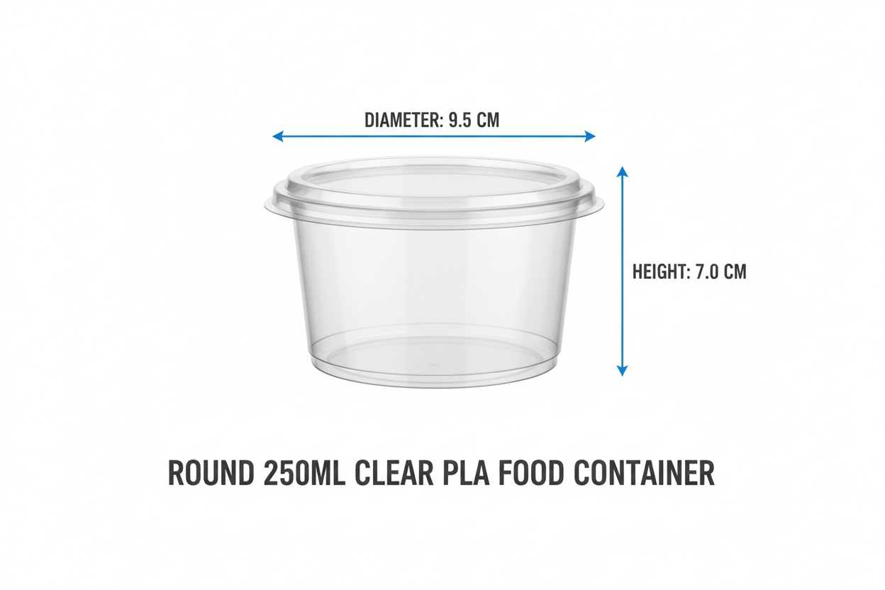 Size guide round transparent 250ml PLA container