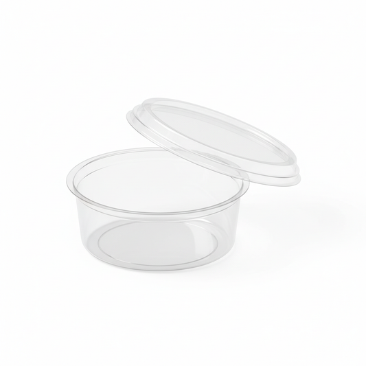 Round transparent 100ml PLA container lid open