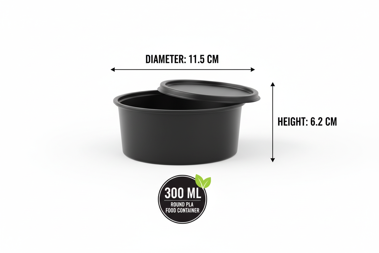 Size guide round black 300ml PLA container