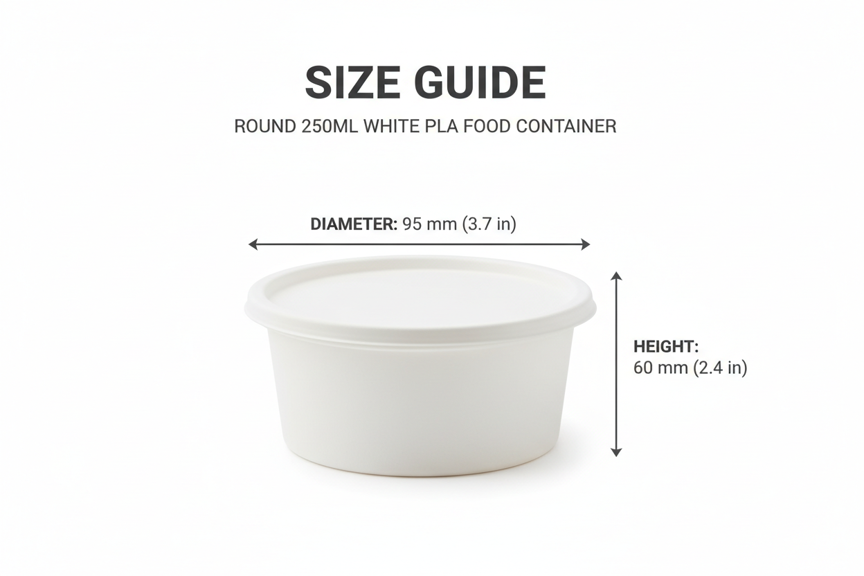 Size guide round white 250ml PLA container