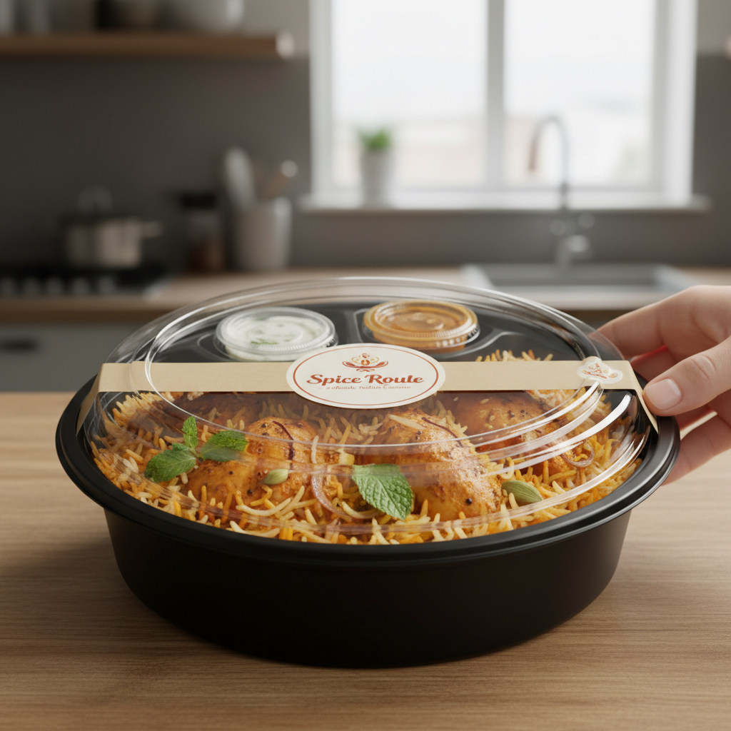 Round black PLA 1000ml container with biryani lifestyle