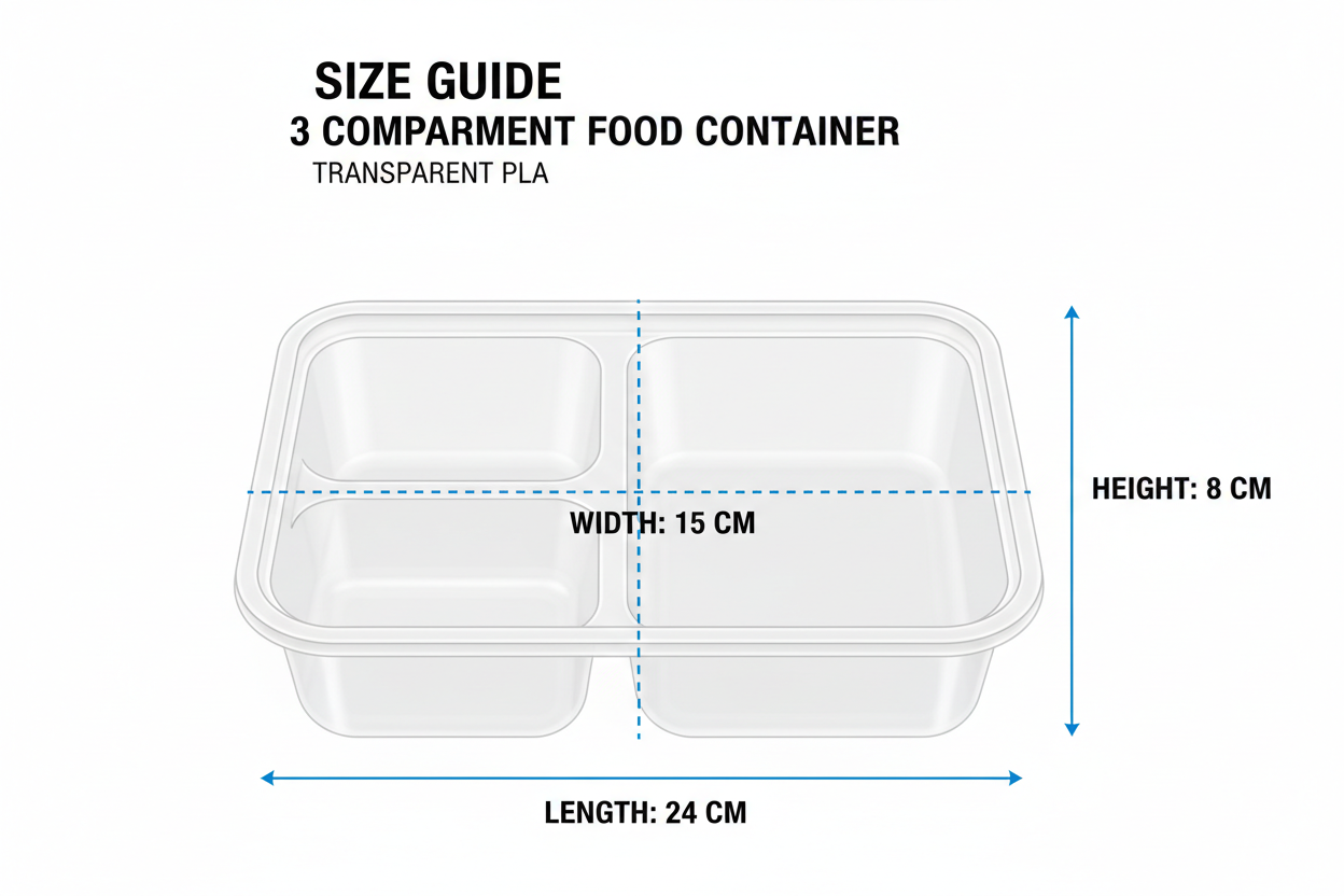 Size guide transparent PLA 3 compartment container
