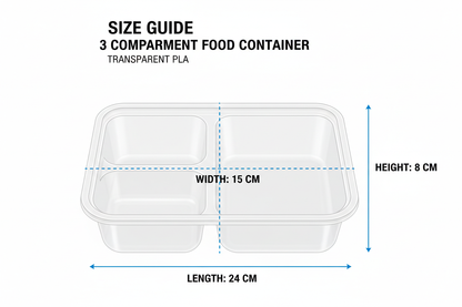 Size guide transparent PLA 3 compartment container