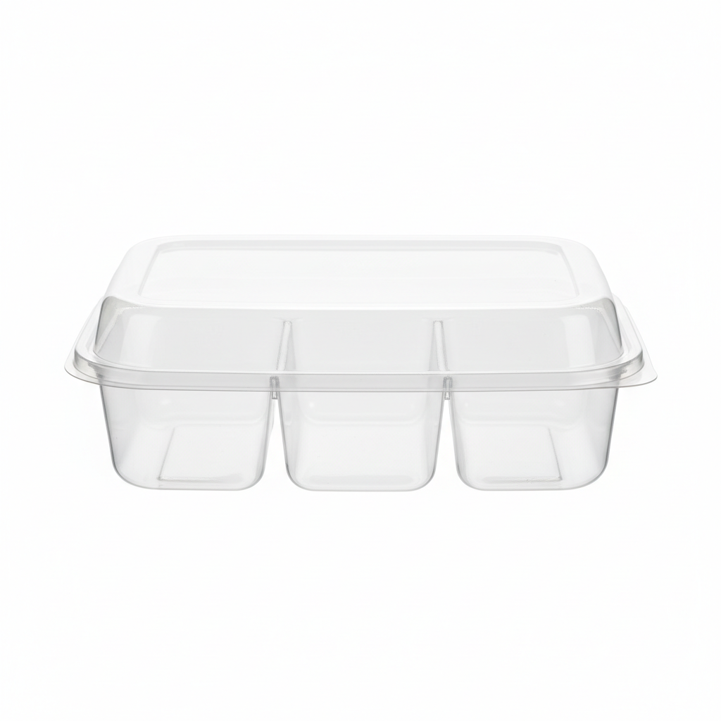 Transparent PLA 3 compartment container front view