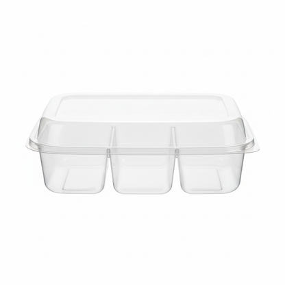 Transparent PLA 3 compartment container front view