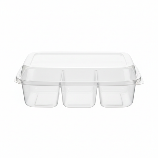 Transparent PLA 3 compartment container front view