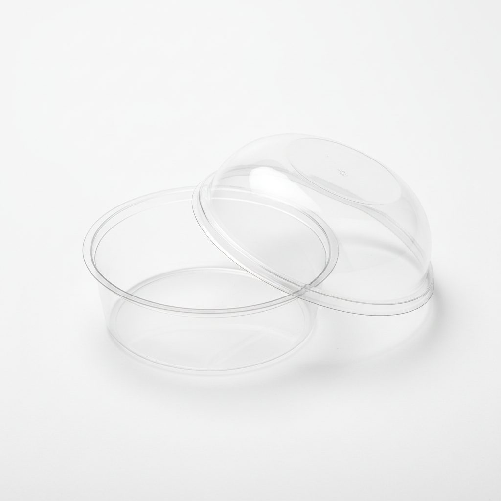 Round transparent 300ml PLA container lid open