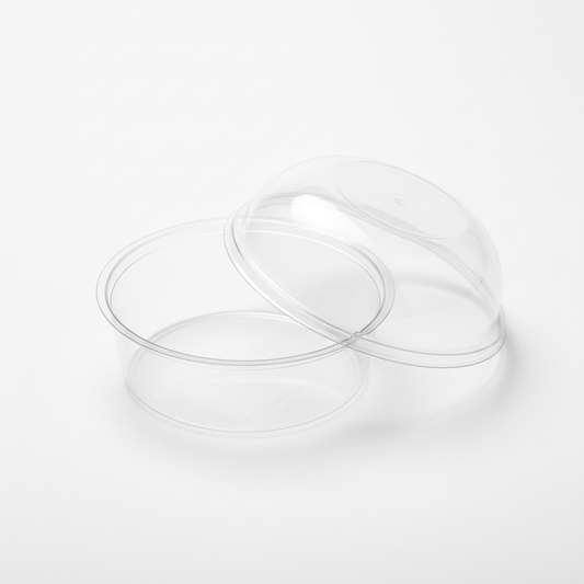 Round transparent 300ml PLA container lid open