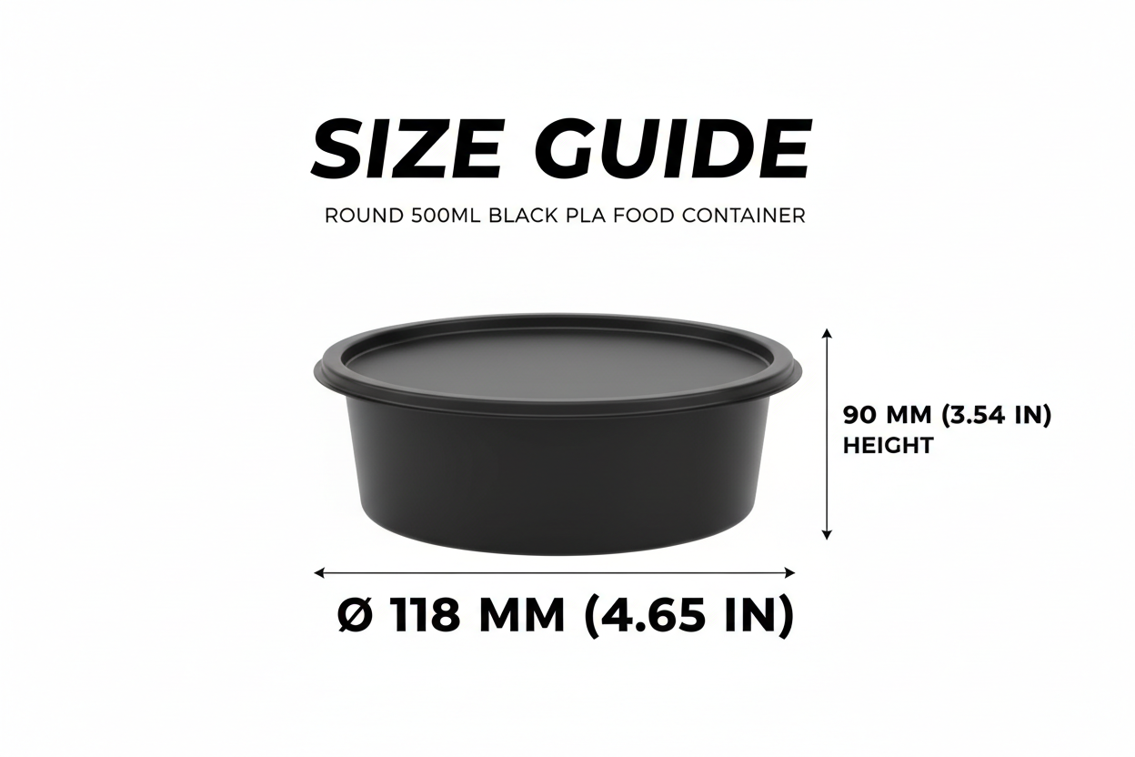 Size guide round black 500ml PLA container