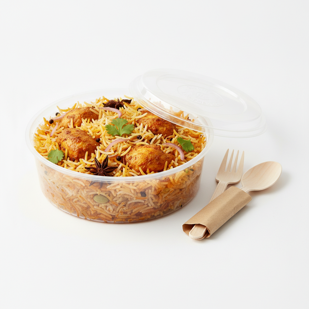 Round transparent PLA 750ml container with biryani lifestyle