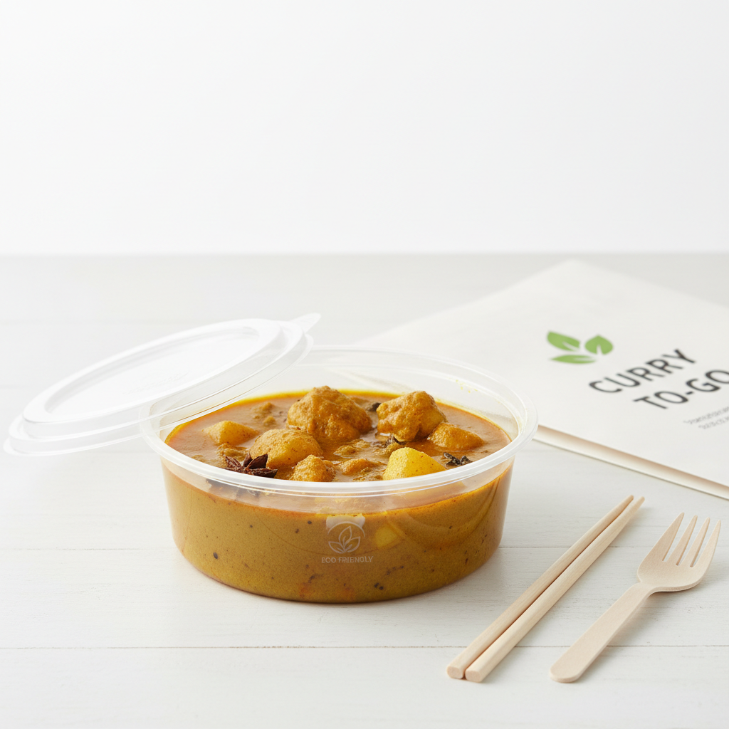 Round transparent PLA 1000ml container with curry lifestyle