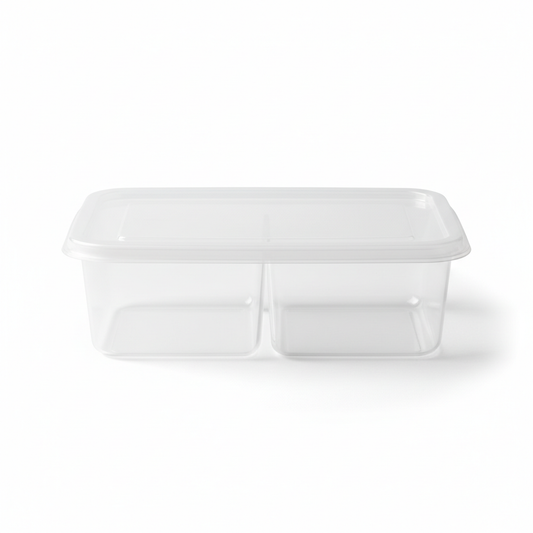 Transparent PLA 2 compartment container front view