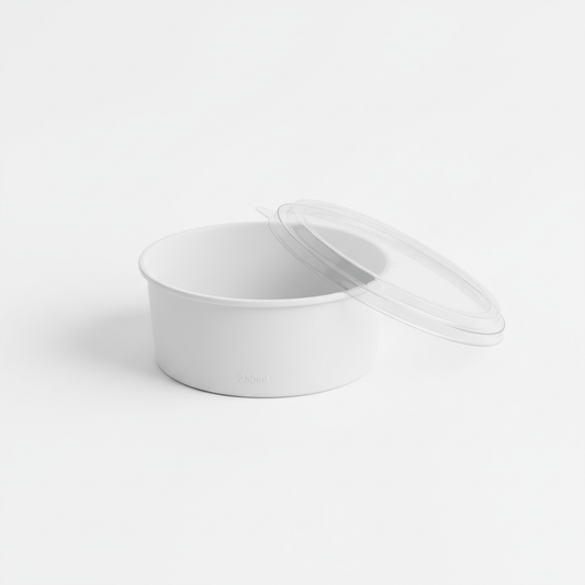 Round white 250ml PLA container lid open