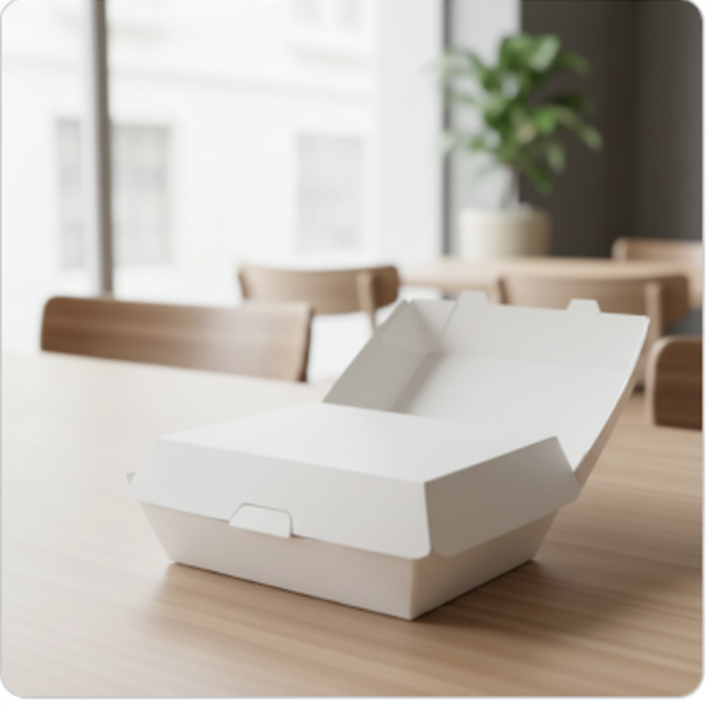 White paper food box 1000ml closed on wooden table