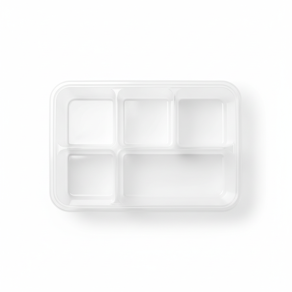 Transparent PLA 5 compartment container top view showing 5 sections