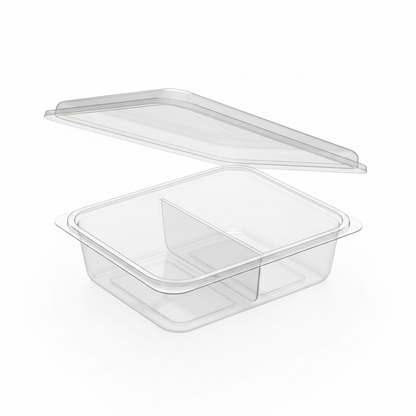 Transparent PLA 2 compartment container lid open