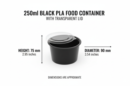 Size guide for black 250ml PLA container