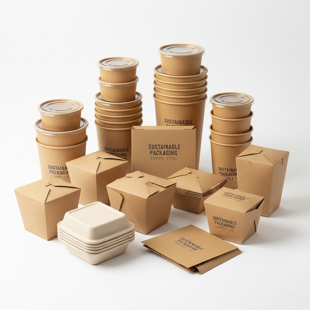Stack of kraft paper food containers overhead