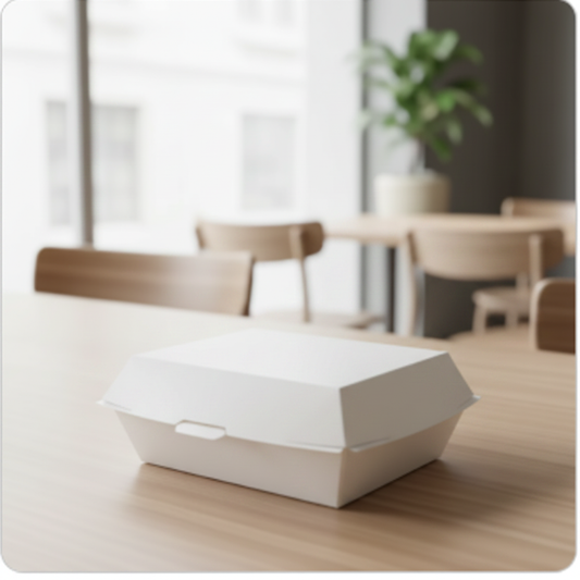 White paper food box 500ml closed on wooden table cafe setting