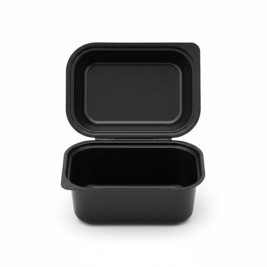 Black 50ml PLA container with lid open