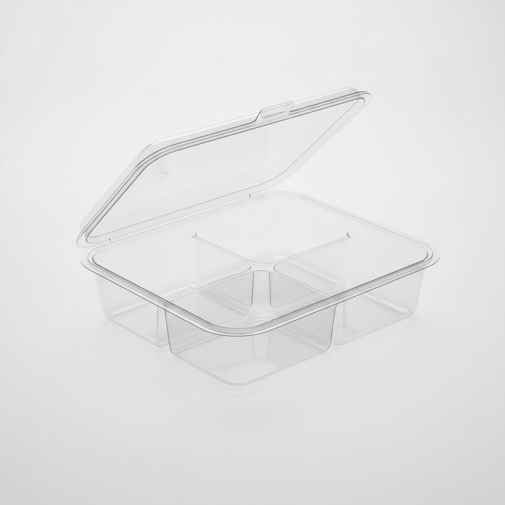 Transparent PLA 3 compartment container lid open