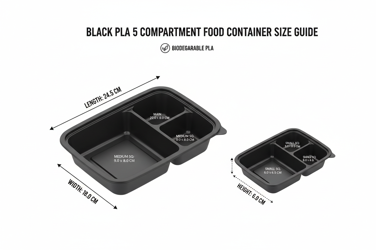 Size guide black PLA 5 compartment container