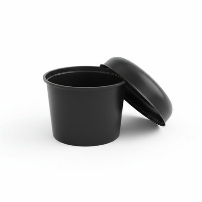 Black 100ml PLA container with lid open