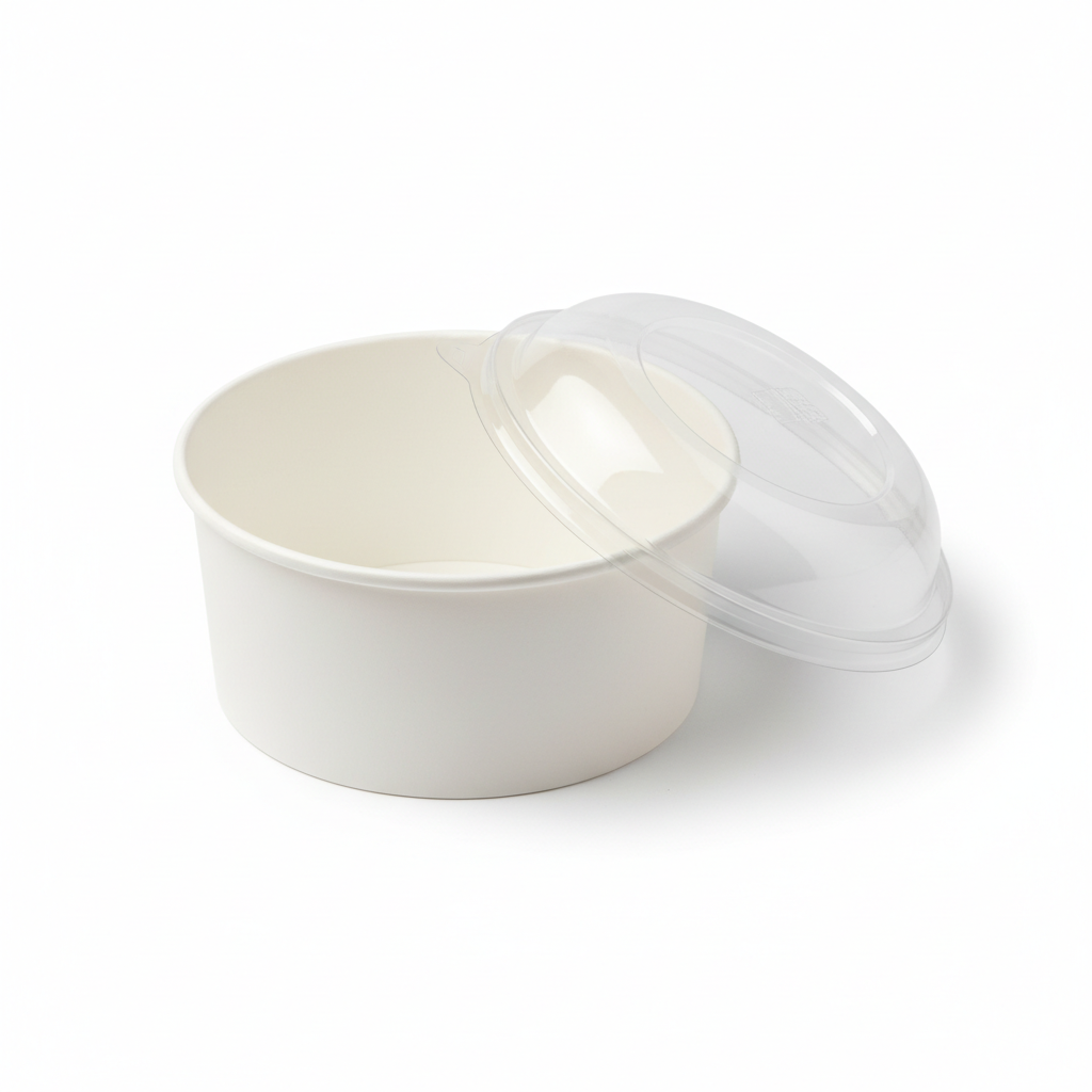 Round white 750ml PLA container lid open