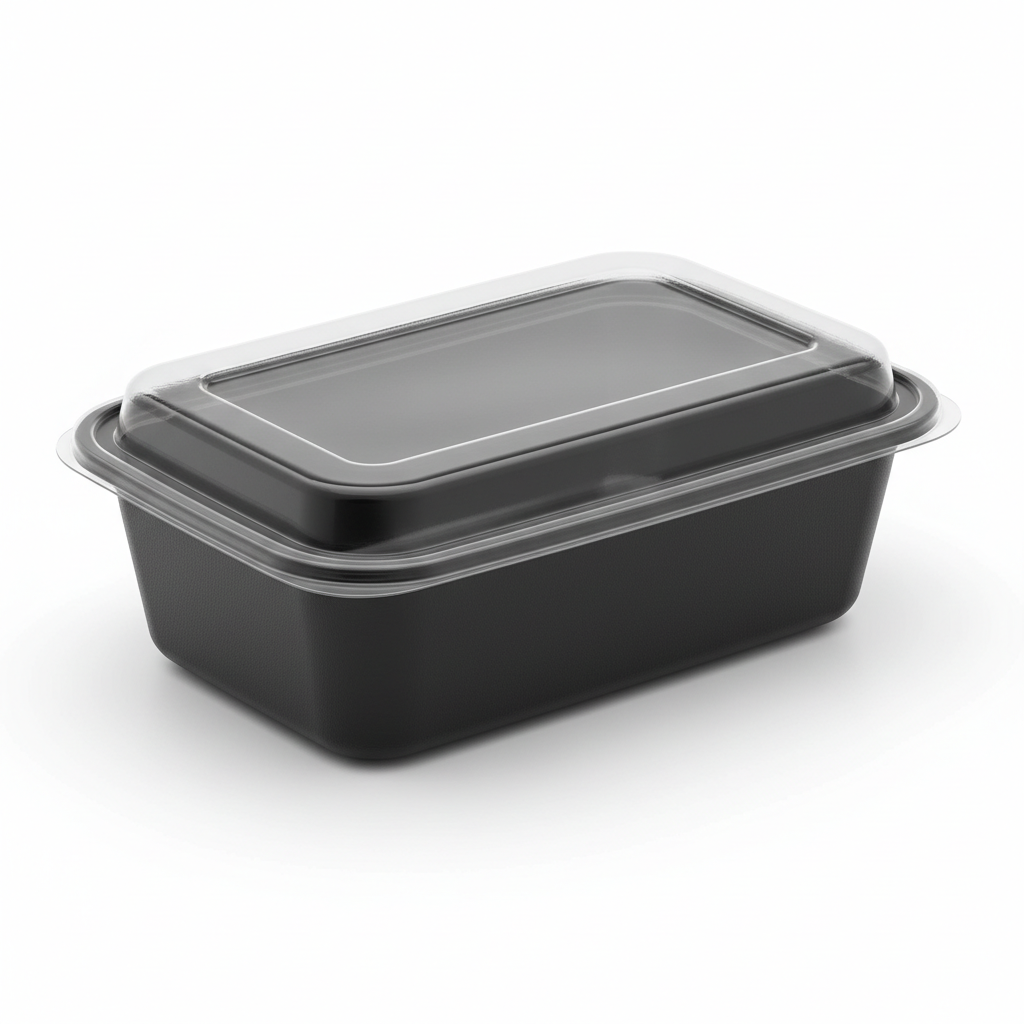 Rectangular black PLA food container 500ml with clear lid
