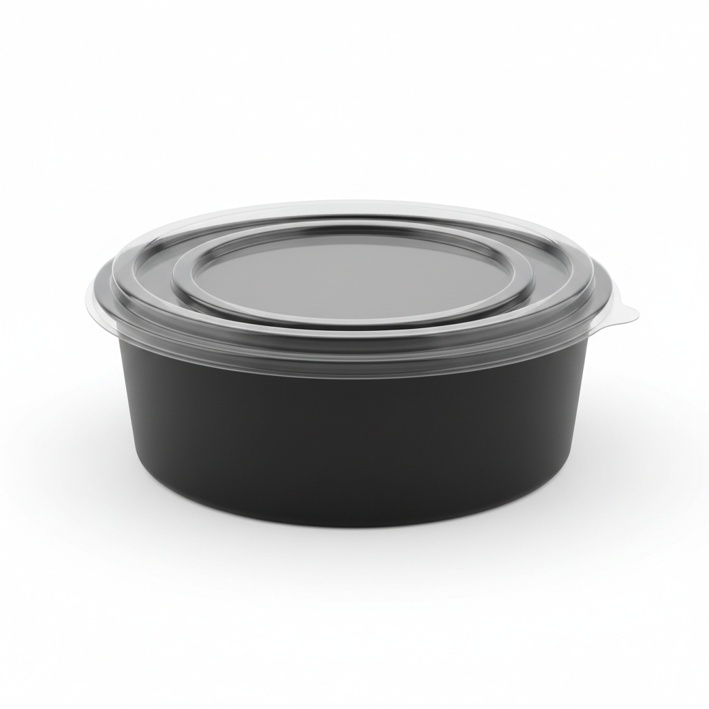 Round black PLA food container 1200ml with transparent lid