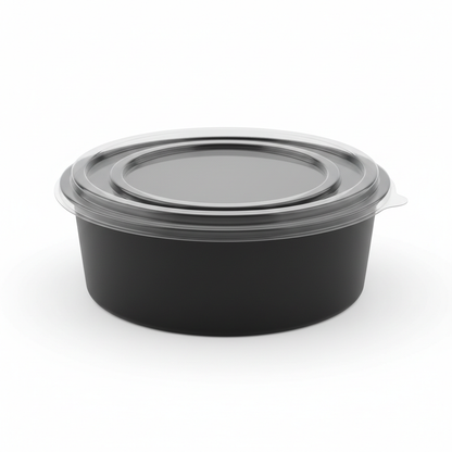 Round black PLA food container 1200ml with transparent lid