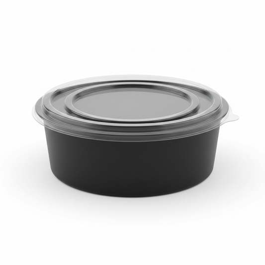 Round black PLA food container 1200ml with transparent lid