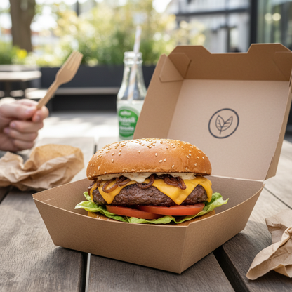 Burger inside kraft paper box lifestyle