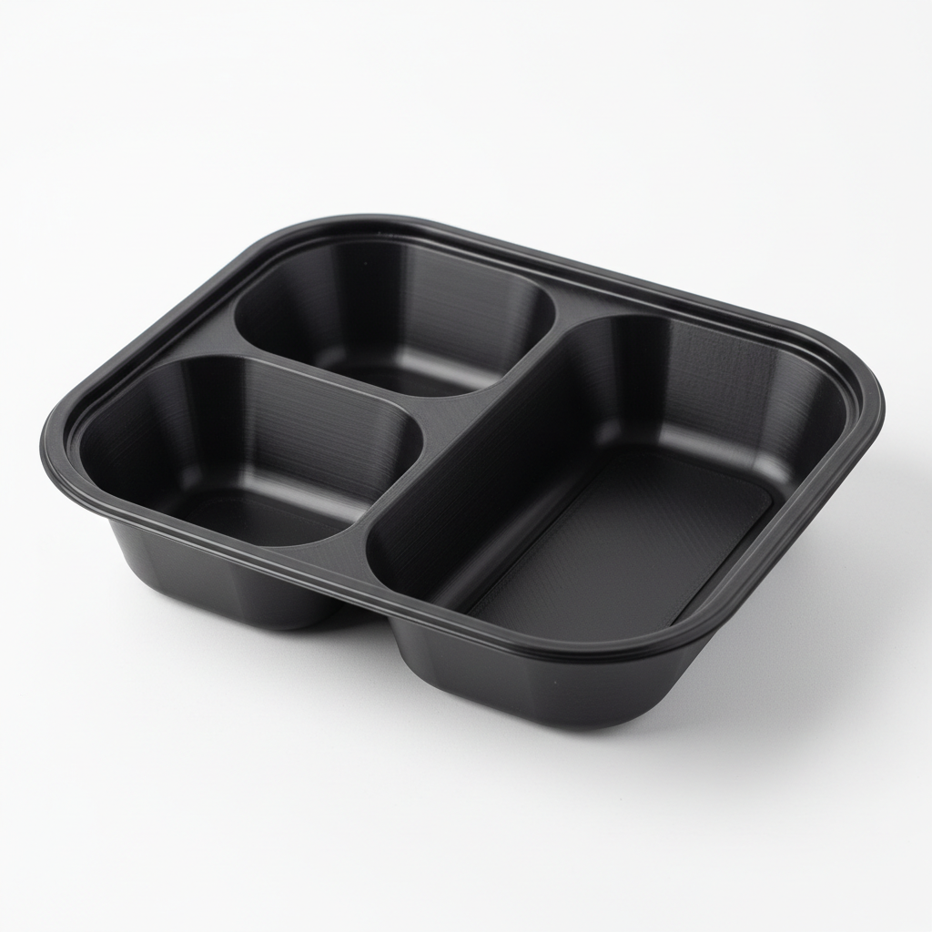 Black PLA 3 compartment container lid open
