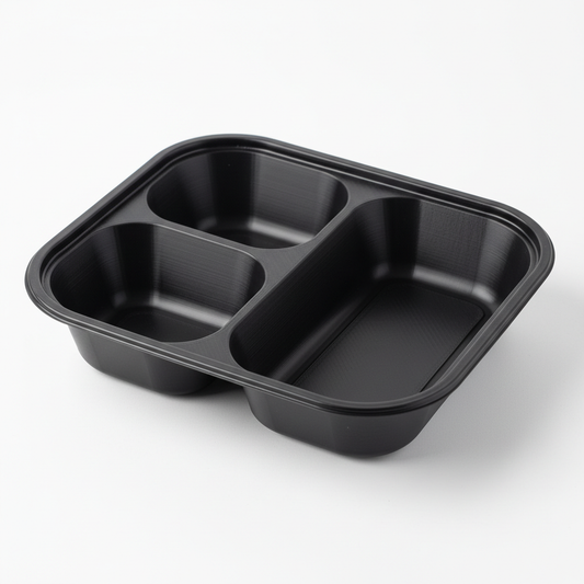Black PLA 3 compartment container lid open