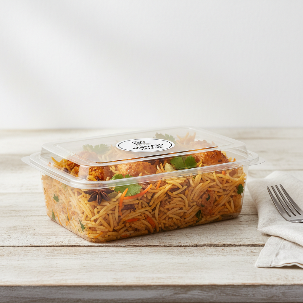 Rectangular transparent PLA 750ml with biryani lifestyle