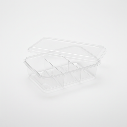 Transparent PLA 5 compartment container lid open