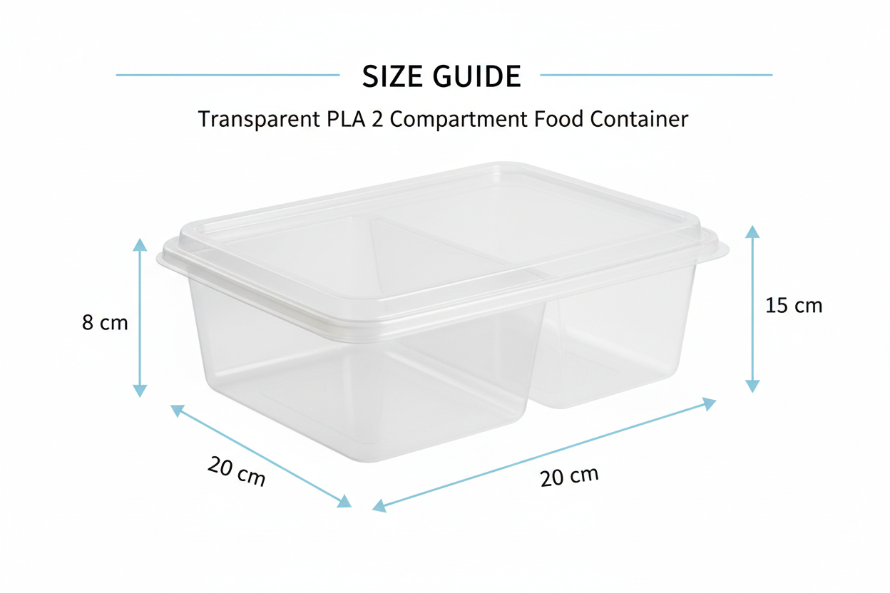 Size guide transparent PLA 2 compartment container