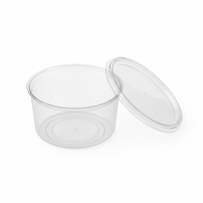 Round transparent 500ml PLA container lid open
