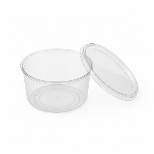 Round transparent 500ml PLA container lid open