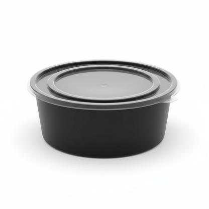 Round black PLA food container 750ml with transparent lid