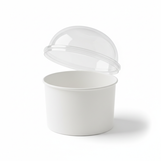 Round white 300ml PLA container lid open