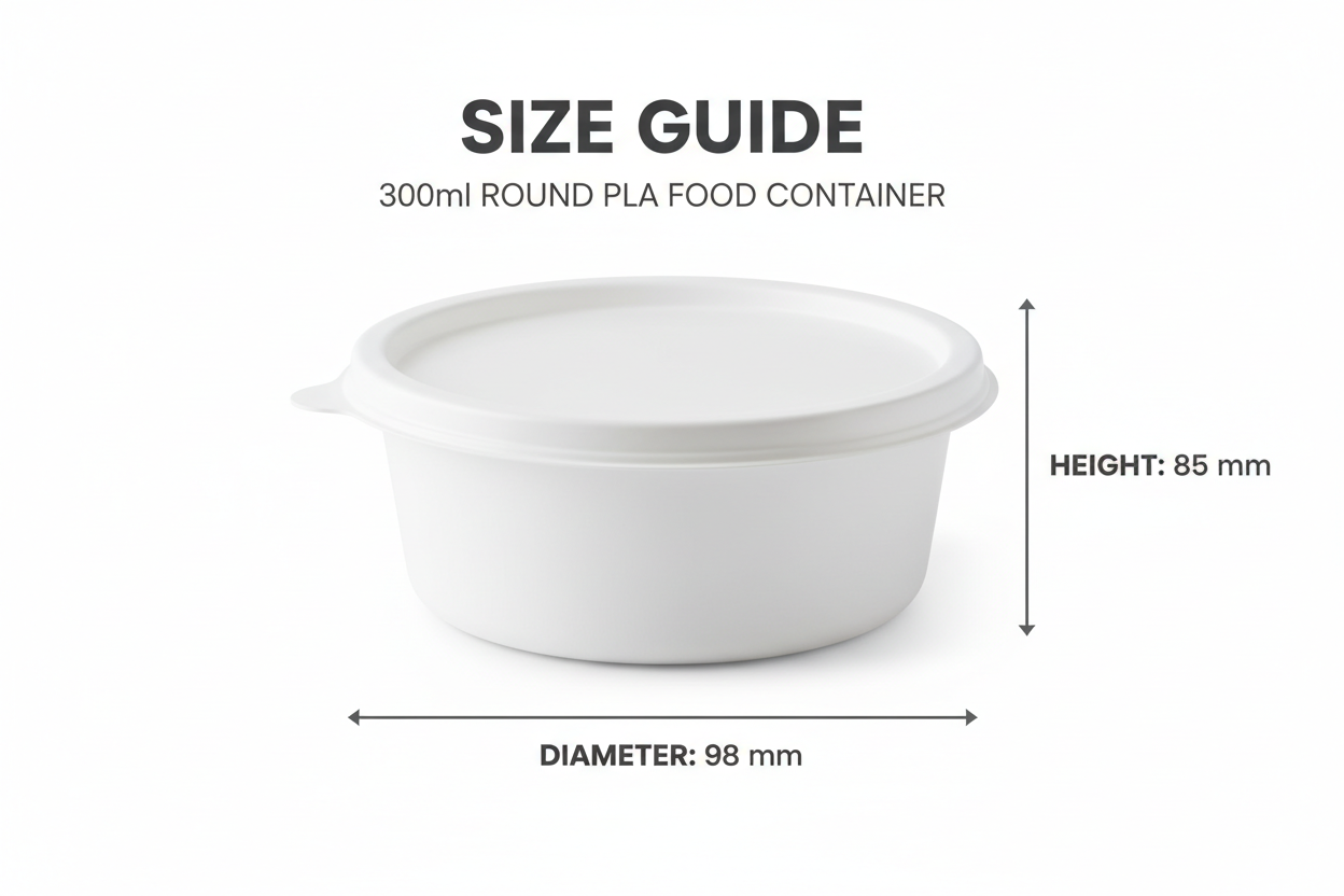 Size guide round white 300ml PLA container