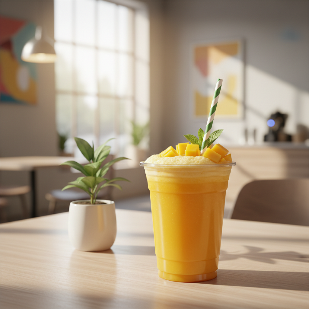PLA transparent glass 300ml with mango juice lifestyle