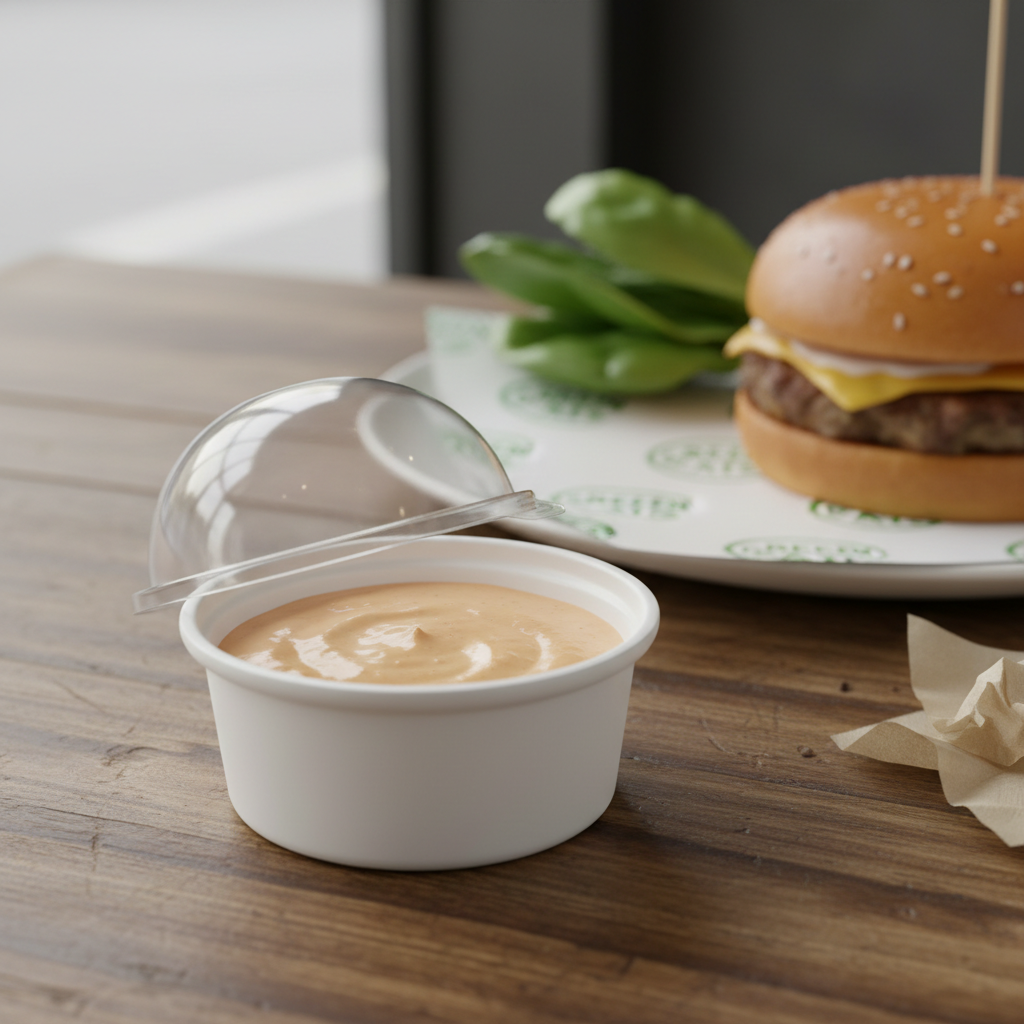 Round white PLA 50ml container with sauce lifestyle