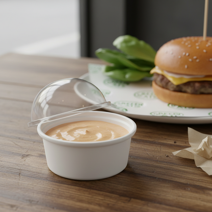 Round white PLA 50ml container with sauce lifestyle